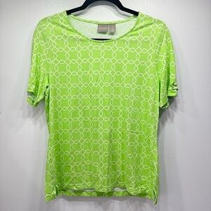 Chico’s Lime Green White Print Laced Grommet Short Sleeve Tee